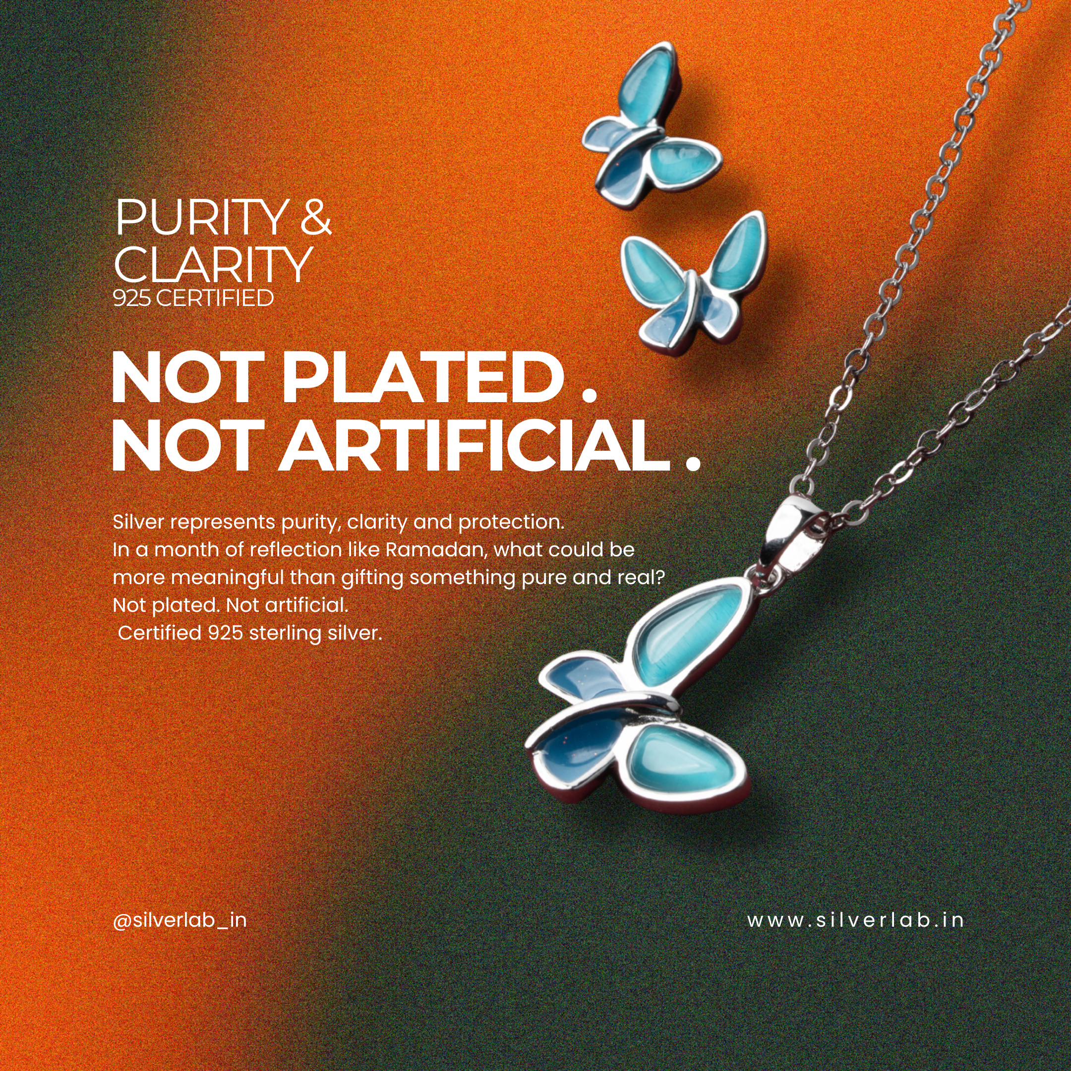 Advertisement for Silverlab jewelry with butterfly-themed necklace and earrings on an orange and green gradient background.